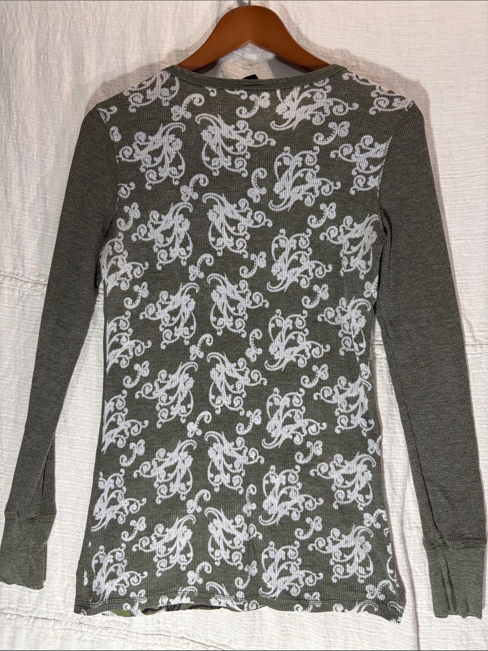 Women's Olive Green Waffle knit Long Sleeve Tunic Top Swirl Print Vintage Y2K - Picture 10 of 13